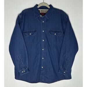 Mustang Fleece Lined Blue Denim Work Shirt Jacket Size XLarge Dark Wash Grunge
